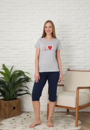 Pijama Dama Mânecă Scurtă și Pantaloni Trei Sferturi - Imprimeu Inimă, Gri