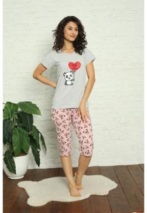 pijama bumbac dama, imprimeu ursuleți, gri, tricou + pantalon 3/4
