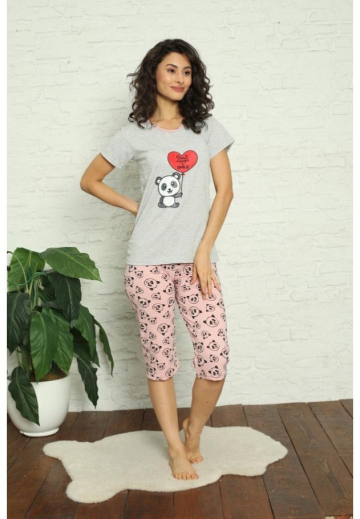 pijama bumbac dama, imprimeu ursuleți, gri, tricou + pantalon 3/4