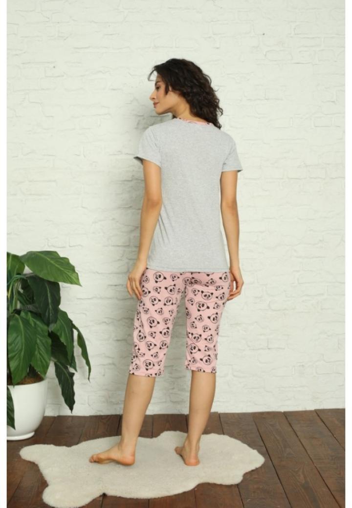 pijama bumbac dama, imprimeu ursuleți, gri, tricou + pantalon 3/4