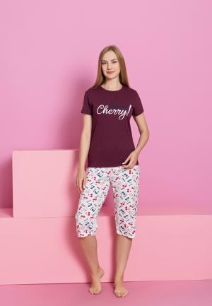 Pijama bumbac damă, mânecă scurtă, pantalon 3/4 – Bordo , Cherry
