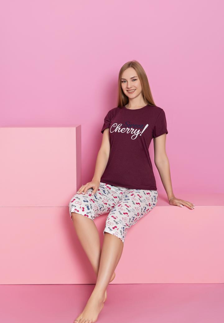 Pijama bumbac damă, mânecă scurtă, pantalon 3/4 – Bordo , Cherry