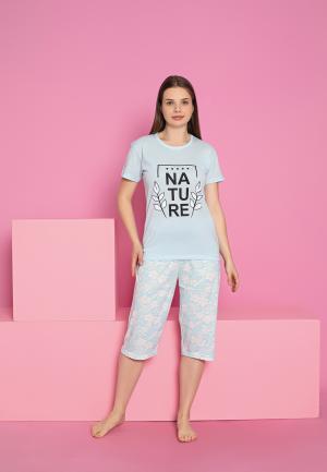 Pijama bumbac damă, mânecă scurtă, pantalon 3/4 – Turcoaz, Nature