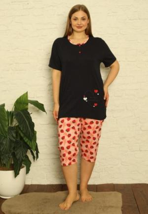 Pijama Bumbac Marime Mare, Maneca Scurta, Pantalon 3/4, Bleumarin