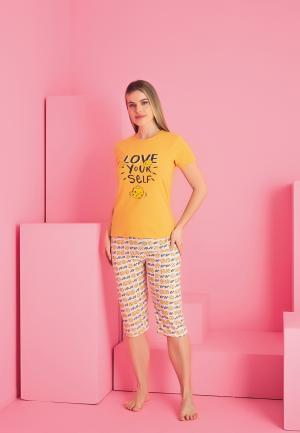 Pijama damă bumbac galben – mânecă scurtă, pantalon 3/4 cu imprimeu „Love Yourself”