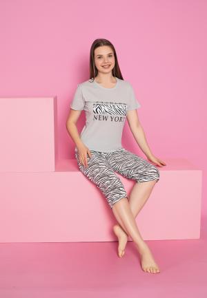 Pijama damă bumbac mânecă scurtă, pantalon 3/4 cu print Fashion New York