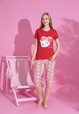 Pijama damă bumbac, mânecă scurtă, pantalon 3/4 roșu, Cute