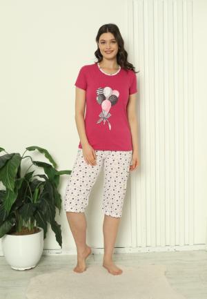 Pijama Damă Bumbac – Mâneci și Pantaloni 3/4, Imprimeu cu Baloane, Fucsia