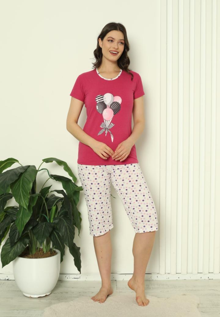 Pijama Damă Bumbac – Mâneci și Pantaloni 3/4, Imprimeu cu Baloane, Fucsia