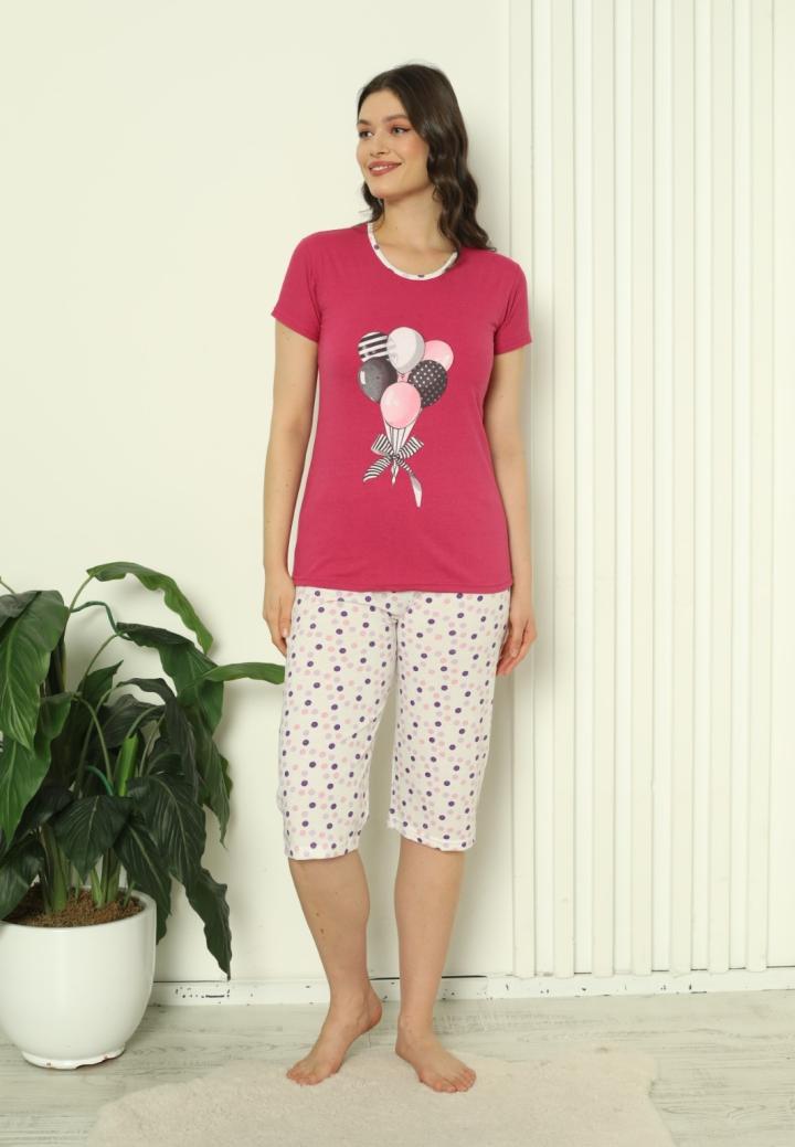 Pijama Damă Bumbac – Mâneci și Pantaloni 3/4, Imprimeu cu Baloane, Fucsia