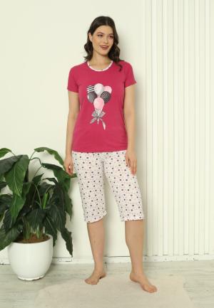 Pijama Damă Bumbac – Mâneci și Pantaloni 3/4, Imprimeu cu Baloane, Fucsia