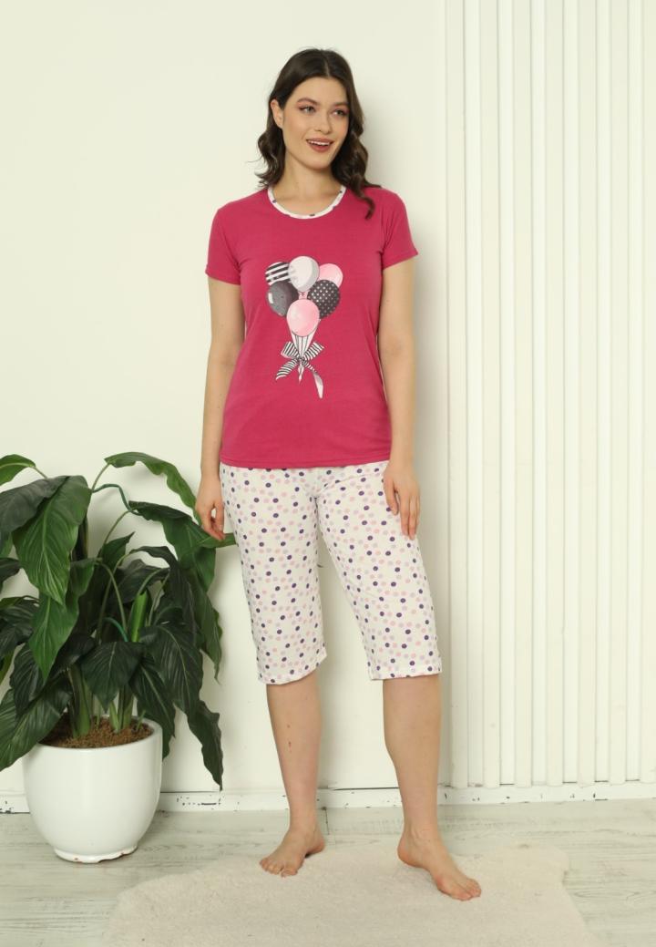Pijama Damă Bumbac – Mâneci și Pantaloni 3/4, Imprimeu cu Baloane, Fucsia