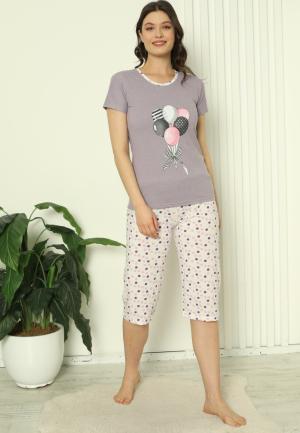 Pijama Damă Bumbac – Mâneci și Pantaloni 3/4, Imprimeu cu Baloane, Mov