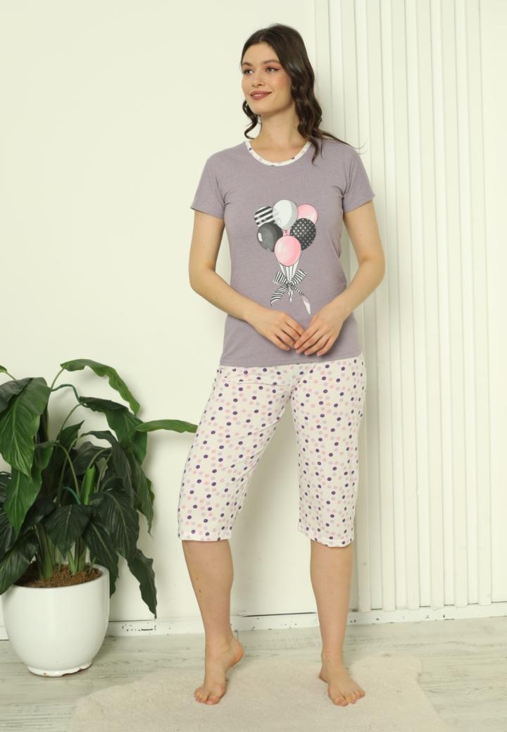 Pijama Damă Bumbac – Mâneci și Pantaloni 3/4, Imprimeu cu Baloane, Mov