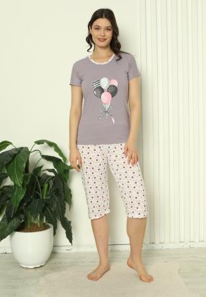 Pijama Damă Bumbac – Mâneci și Pantaloni 3/4, Imprimeu cu Baloane, Mov