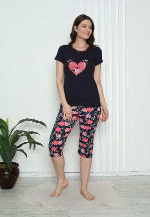 Pijama Damă Bumbac – Mâneci și Pantaloni 3/4, Imprimeu cu inimoare, Bleumarin