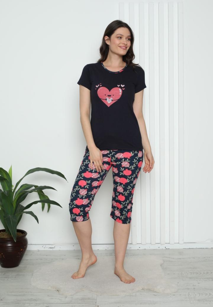 Pijama Damă Bumbac – Mâneci și Pantaloni 3/4, Imprimeu cu inimoare, Bleumarin