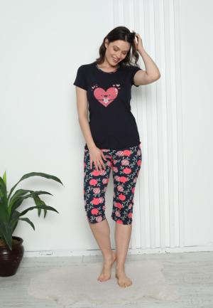 Pijama Damă Bumbac – Mâneci și Pantaloni 3/4, Imprimeu cu inimoare, Bleumarin