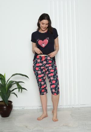 Pijama Damă Bumbac – Mâneci și Pantaloni 3/4, Imprimeu cu inimoare, Bleumarin