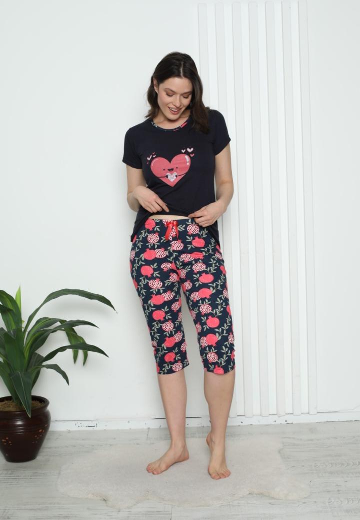 Pijama Damă Bumbac – Mâneci și Pantaloni 3/4, Imprimeu cu inimoare, Bleumarin