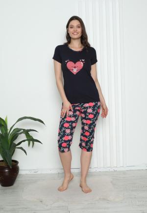Pijama Damă Bumbac – Mâneci și Pantaloni 3/4, Imprimeu cu inimoare, Bleumarin