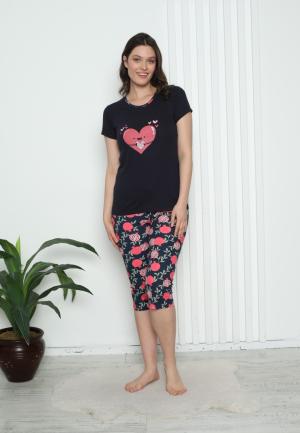 Pijama Damă Bumbac – Mâneci și Pantaloni 3/4, Imprimeu cu inimoare, Bleumarin