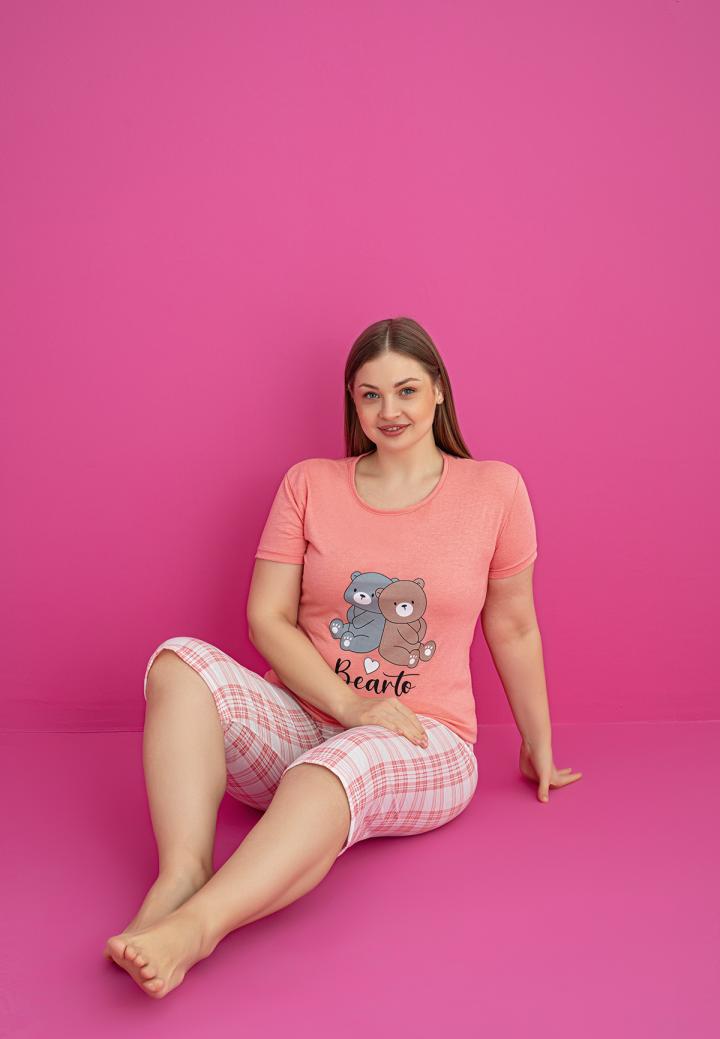 Pijama bumbac damă mărimi mari, mânecă scurtă, pantalon 3/4 – Bearto, Somon