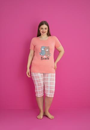 Pijama bumbac damă mărimi mari, mânecă scurtă, pantalon 3/4 – Bearto, Somon