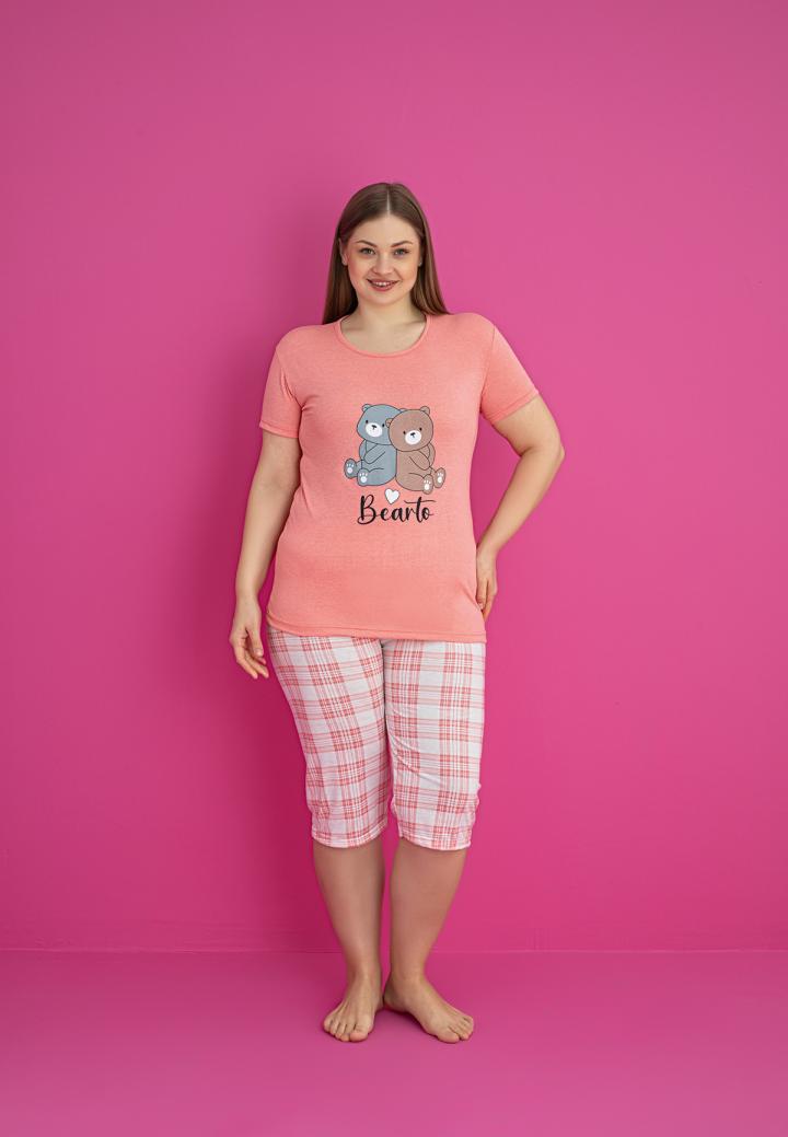 Pijama bumbac damă mărimi mari, mânecă scurtă, pantalon 3/4 – Bearto, Somon