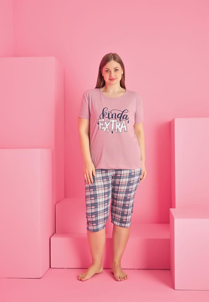Pijama bumbac damă mărimi mari, mânecă scurtă, pantalon 3/4 – Kinda Extra, Roz Pudra