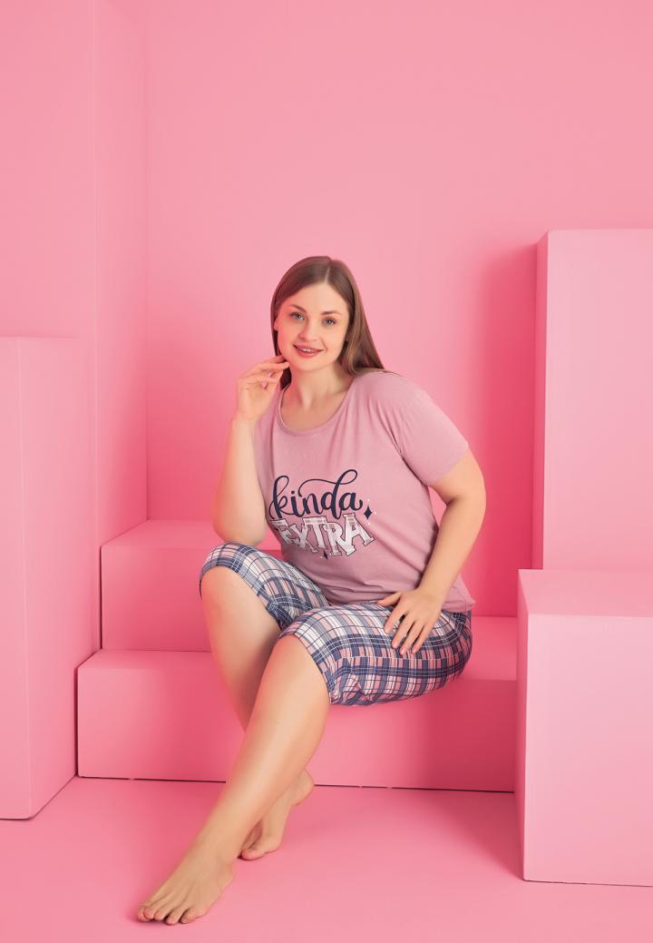 Pijama bumbac damă mărimi mari, mânecă scurtă, pantalon 3/4 – Kinda Extra, Roz Pudra