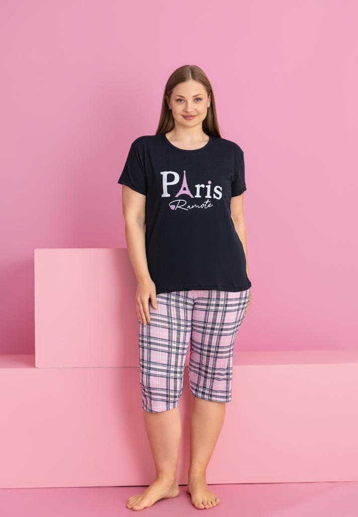 Pijama bumbac damă mărimi mari, mânecă scurtă, pantalon 3/4 – Paris, Bleumarin