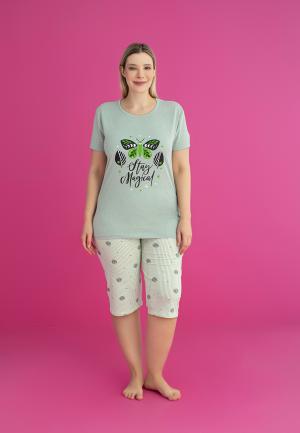 Pijama bumbac damă, mărimi mari, mânecă scurtă, pantalon 3/4, Stay Magical, verde deschis