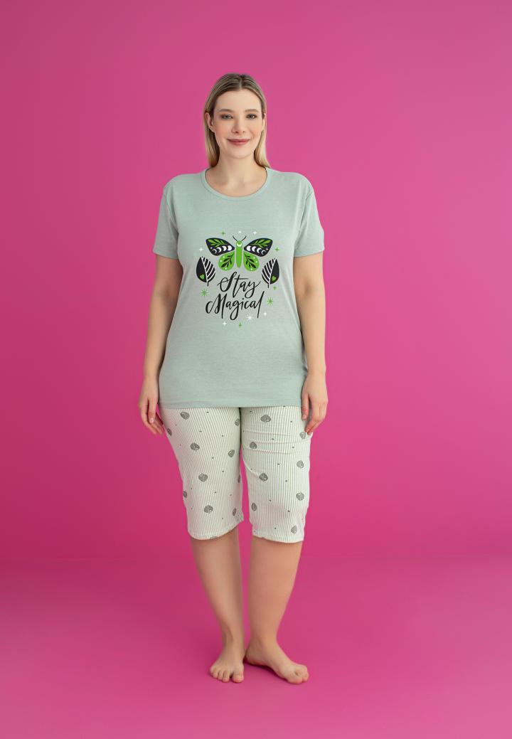 Pijama bumbac damă, mărimi mari, mânecă scurtă, pantalon 3/4, Stay Magical, verde deschis