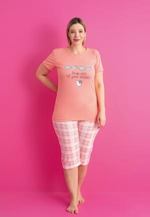 Pijama bumbac damă mărimi mari, mânecă scurtă, pantalon 3/4 – Step Out, Somon