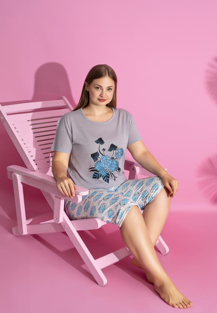 Pijama bumbac damă mărimi mari, mânecă scurtă, pantalon 3/4 – Trandafir, Gri
