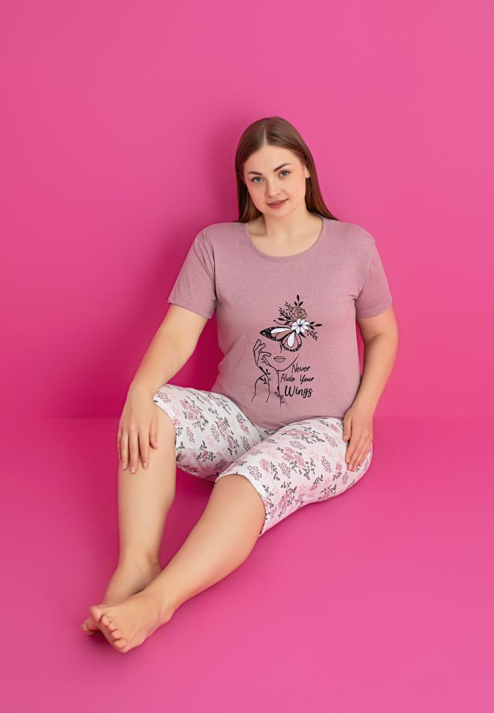 Pijama bumbac damă mărimi mari, mânecă scurtă, pantalon 3/4 – Wings, Mov