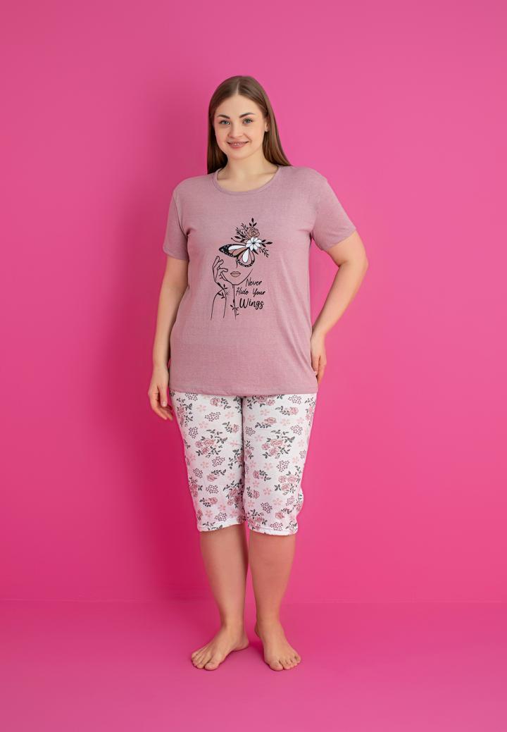 Pijama bumbac damă mărimi mari, mânecă scurtă, pantalon 3/4 – Wings, Mov