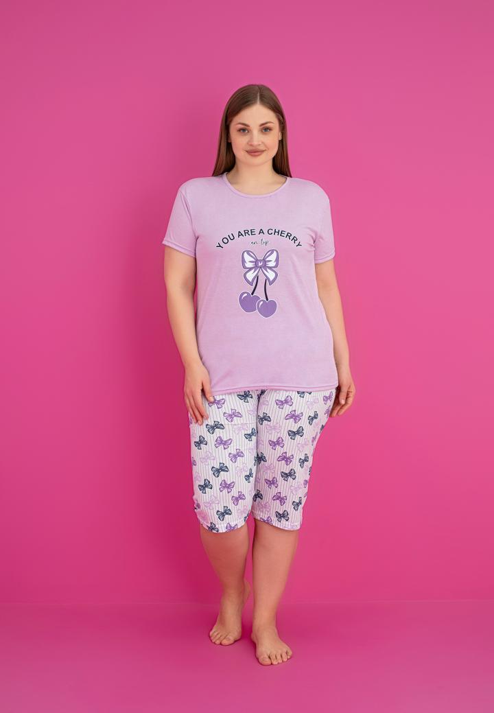 Pijama bumbac damă mărimi mari, mânecă scurtă, pantalon 3/4 – You Are A Cherry, Mov