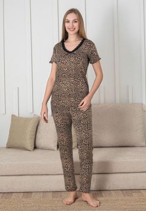 Pijama Dama Bumbac Leopard cu Mânecă Scurtă și Pantaloni Lungii cu Dantelă Neagră