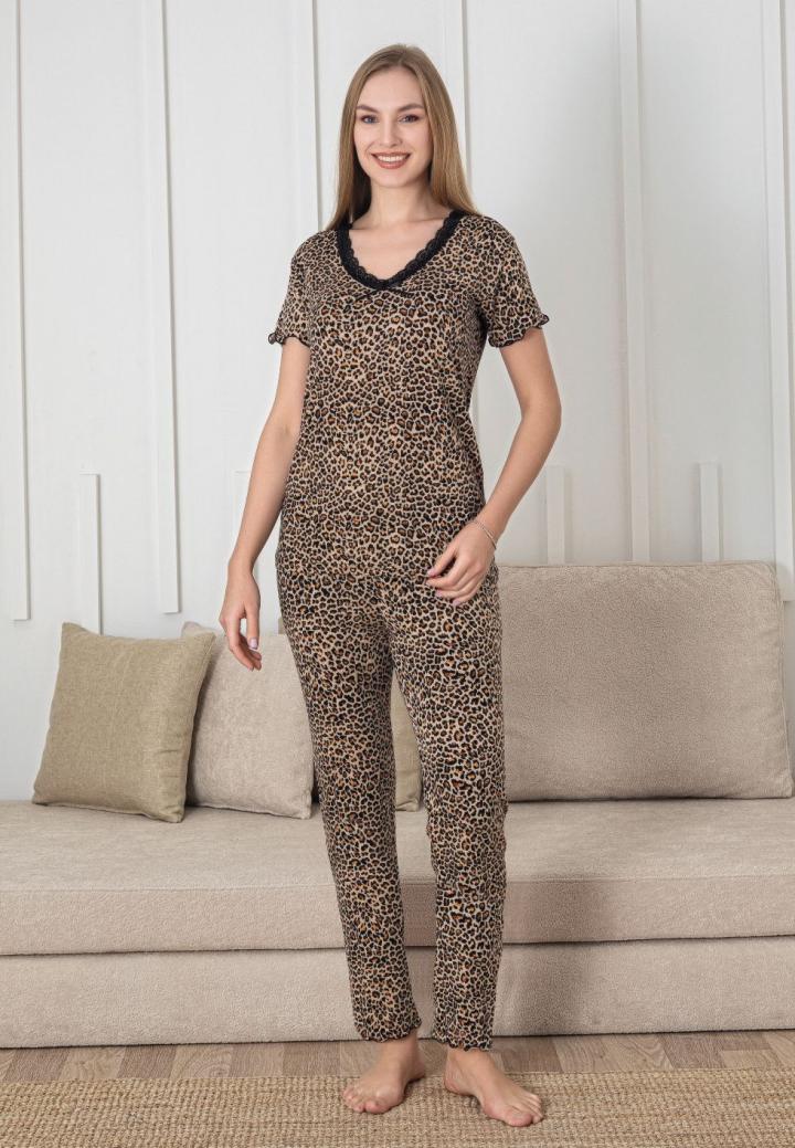 Pijama Dama Bumbac Leopard cu Mânecă Scurtă și Pantaloni Lungii cu Dantelă Neagră