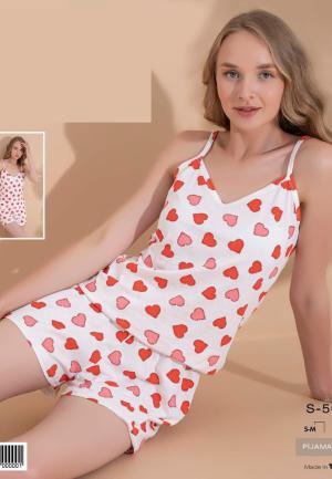 Pijama de Damă din Bumbac cu Maiou și Șort cu Model Inimioare