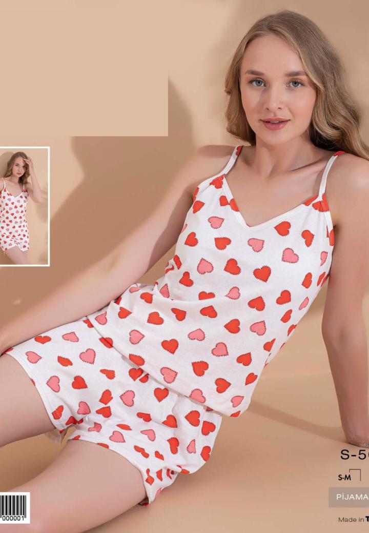 Pijama de Damă din Bumbac cu Maiou și Șort cu Model Inimioare